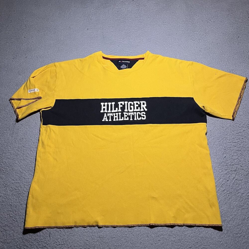 Vintage Tommy Hilfiger T Shirt Mens XXL Yellow Blue Athletics Ribbed 90s Y2K